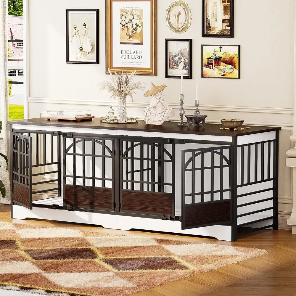 

86 Double-Deck Dog Crate, XL Indoor Kennel for 2 Dogs, Sturdy Cage with Divider, Wooden Cover, Suitable for Large Dogs (White &