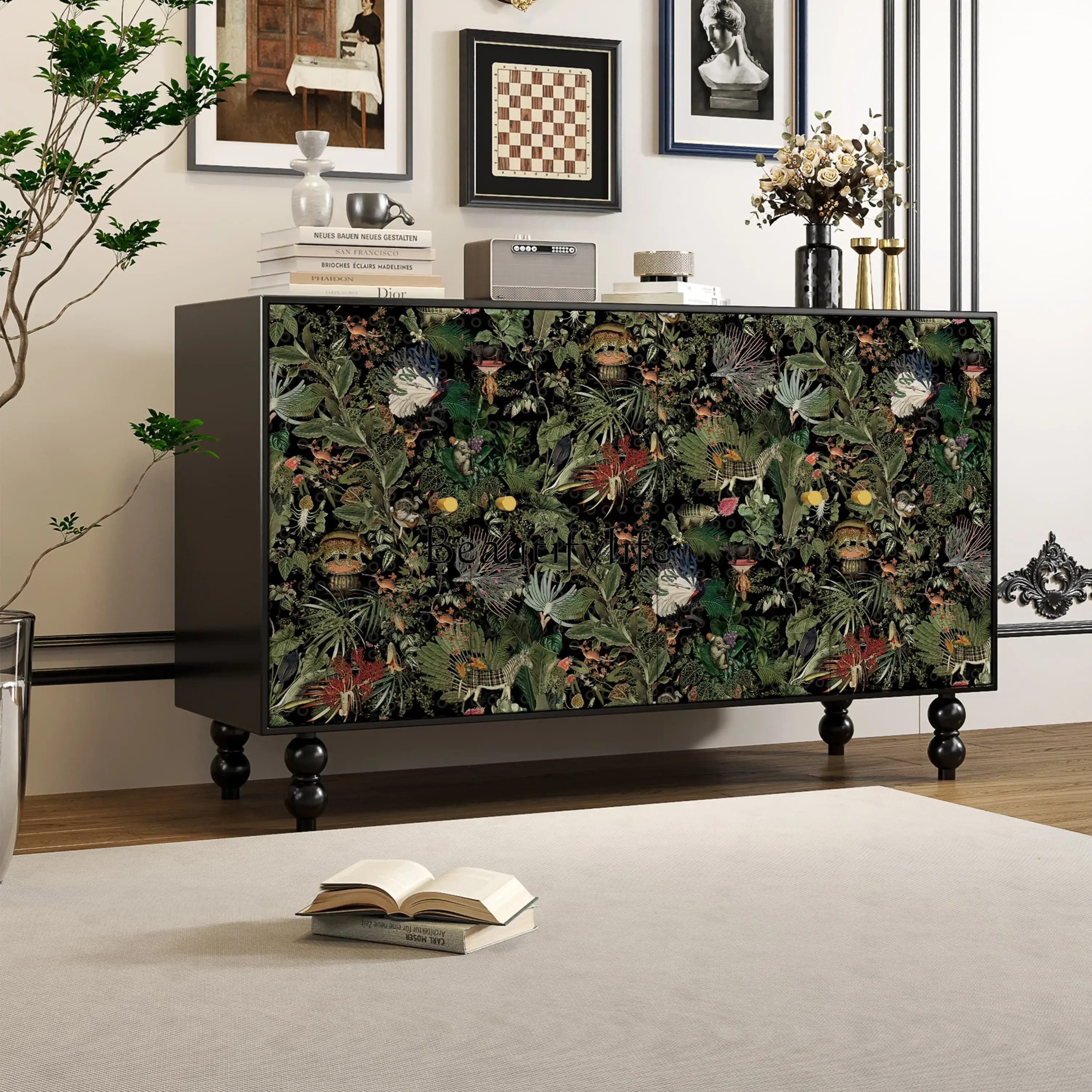 06All solid wood jungle French painting art solid wood entrance cabinet living room bed and breakfast side cabinet