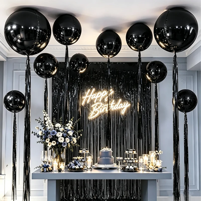 Schwarzes 4D-Ballon-Set mit schwarzem Regenvorhang, geeignet für Geburtstagsfeiern und als Hintergrunddekoration für Partys mit schwarzem, coolen Thema