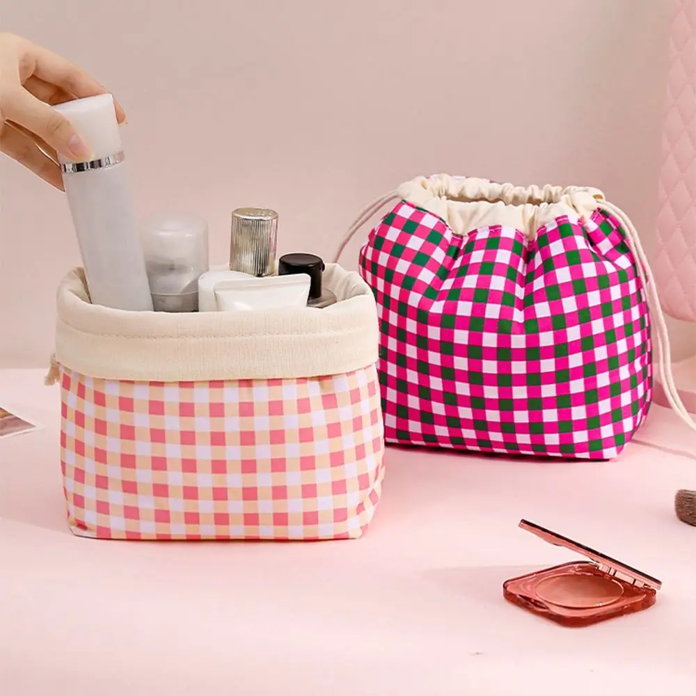 Plaid Pattern Drawstring Cosmetic Organizer Portable Large Capacity Plaid Drawstring Makeup Bag Lightweight Drawstring Closure