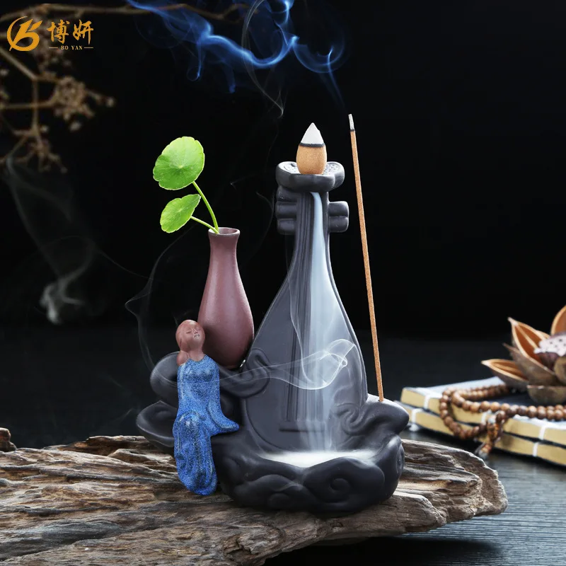 pipa lady backflow incense burner with small dry flower vase Ceramics blue home Decor Ornaments cone censer