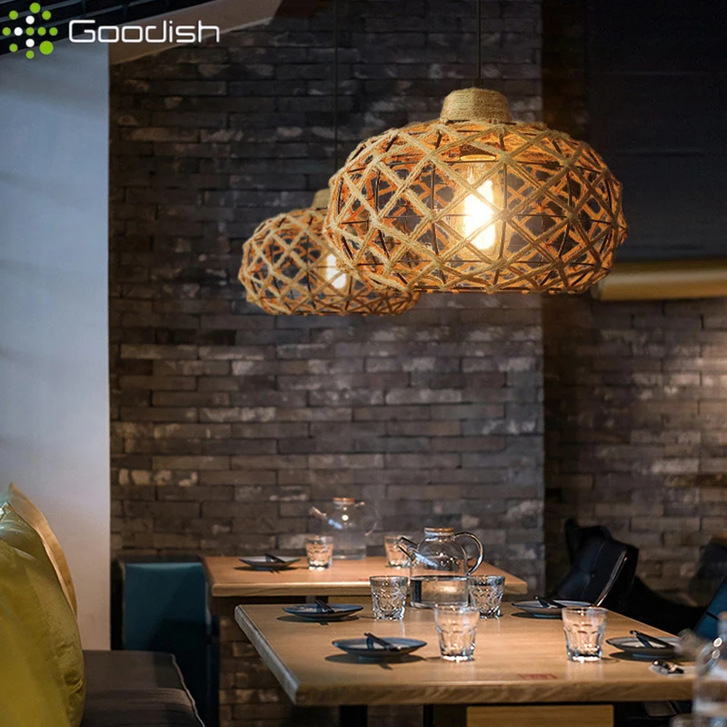 

Wabi-sabi Wicker Ratten Cage LED Pendant Lights Art Hand-Knitted Hanging Lamps for Dining Living Room Home Decoration Chandelier