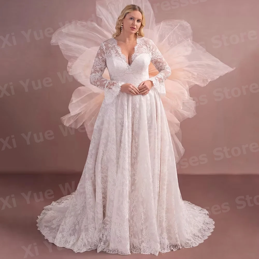 Romantic A Line Women's Charming V Neck Lace Long Sleeve Wedding Dresses Vestido De Novia Bride Gowns Customized Robe De Mariée