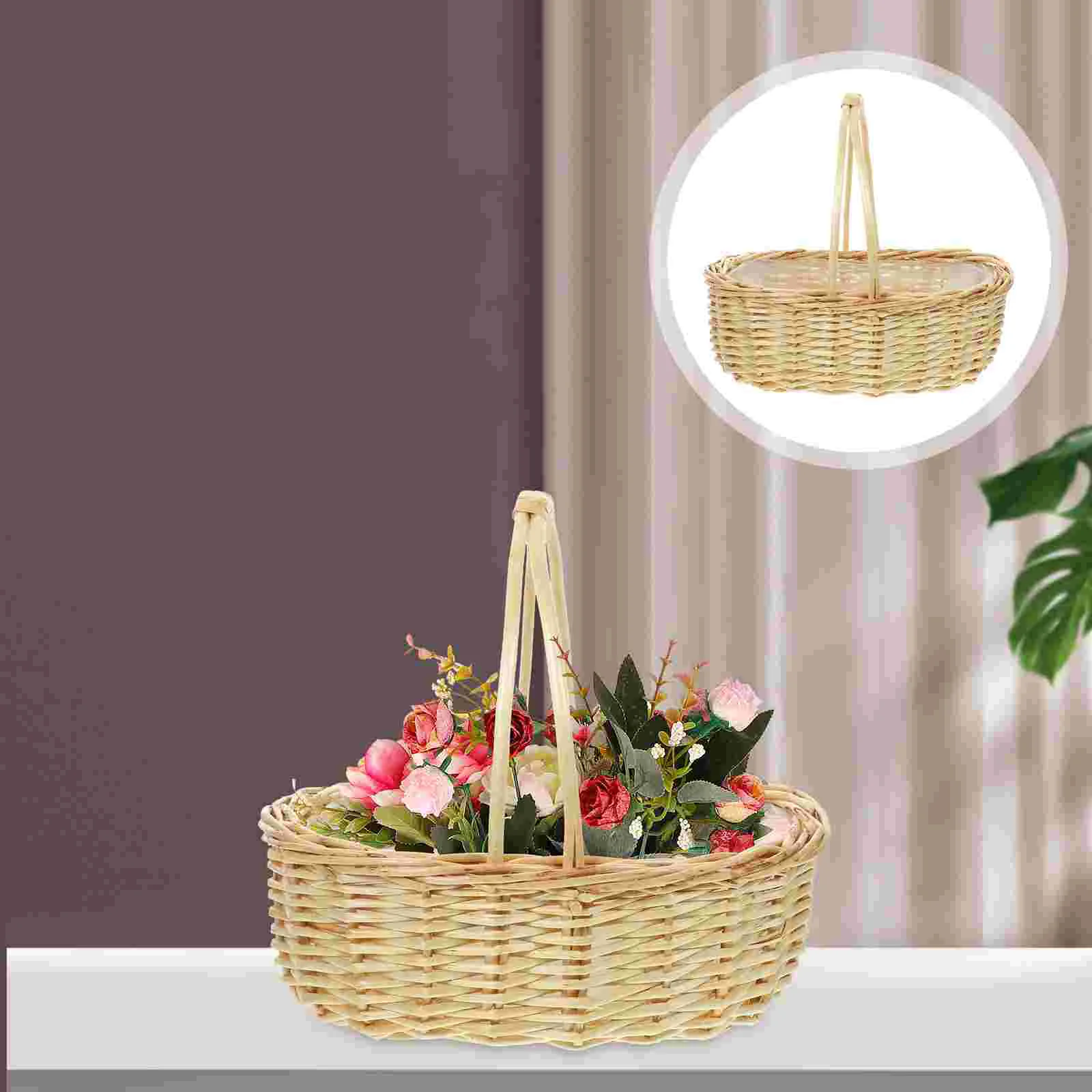 Portable Wicker Flower Basket Picnic Convenient Storage Woven Baskets Weave Fruit Daily Accessories Travel Decor