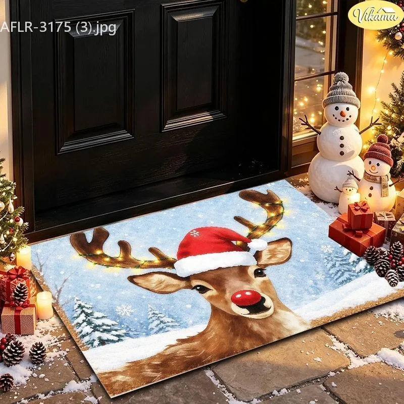 VIKAMA Christmas Doormat, Cute Reindeer with Santa Hat Earmuffs, Tufted, Snowflakes, Soft Plush, Front Door Entryway