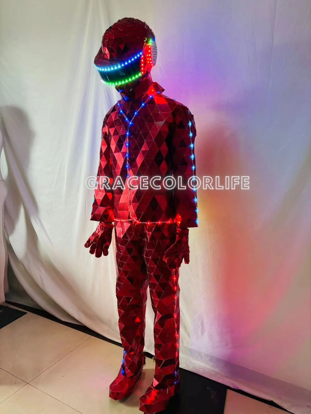 LED Light Up Suit USB Rechargeable Mirror Surface Costume with Mask for Men Handmade Color Changing Dance Wear  Stage DJ Party