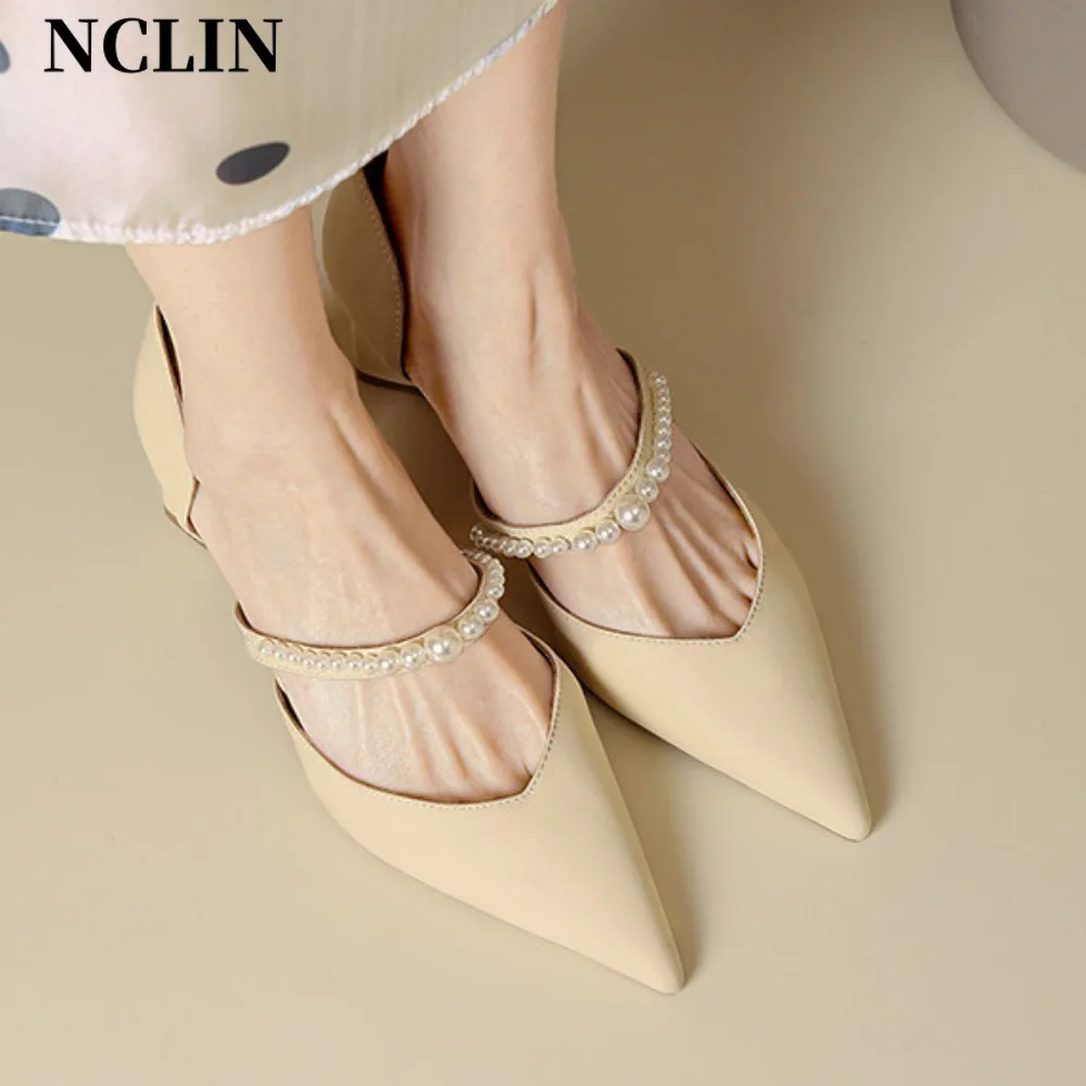 

NCLIN Elegant Fashion Women Pumps String Bead Sandals Pointed Toe Thick Heels Genuine Leather Shoes Woman Spring Summer Party