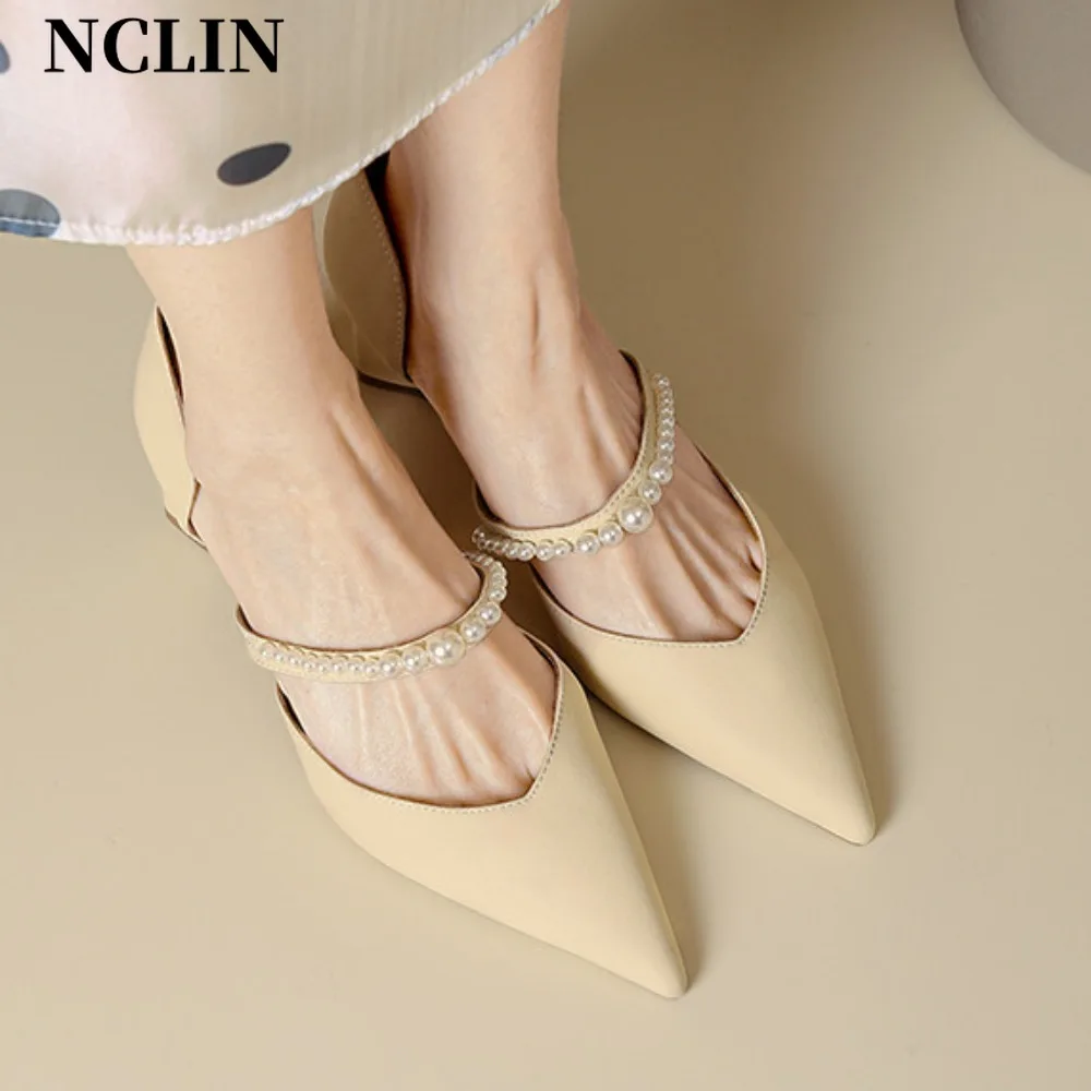 NCLIN Elegant Fashion Women Pumps String Bead Sandals Pointed Toe Thick Heels Genuine Leather Shoes Woman Spring Summer Party