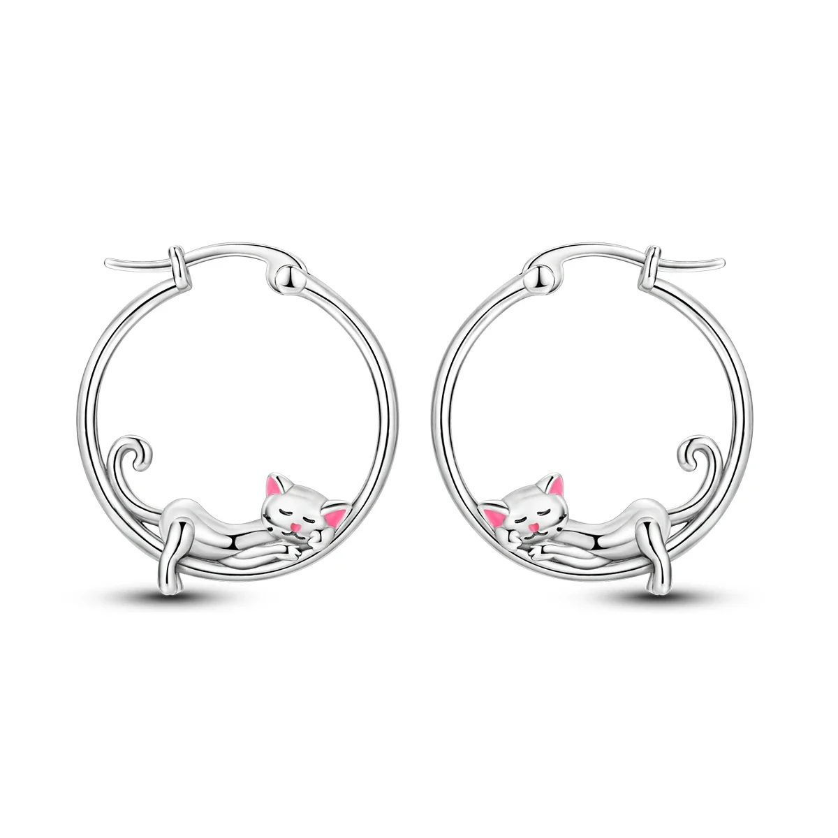 Cute 925 Sterling Silver Pink Ears Small Lazy Big Circle Cat Earrings Women\'s Pet Party Creative Jewelry Accessories