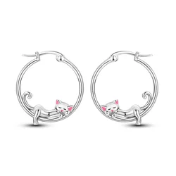 Cute 925 Sterling Silver Pink Ears Small Lazy Big Circle Cat Earrings Women's Pet Party Creative Jewelry Accessories