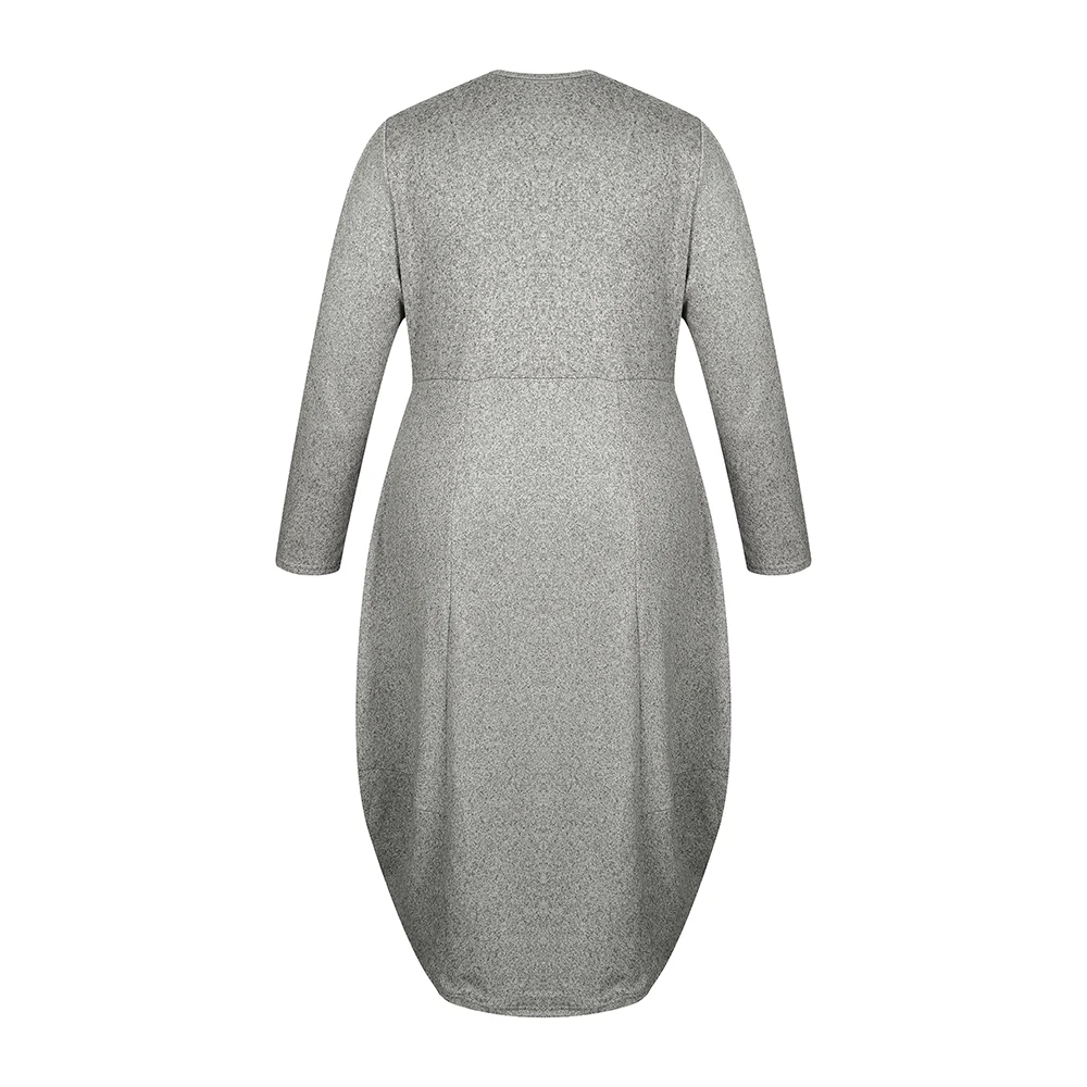 Women\'s Long Sleeve Dress Plus Size Winter Solid Pockets Round neck Front Short and Back Long Dress Warm Knitted Ladies Robe 5XL