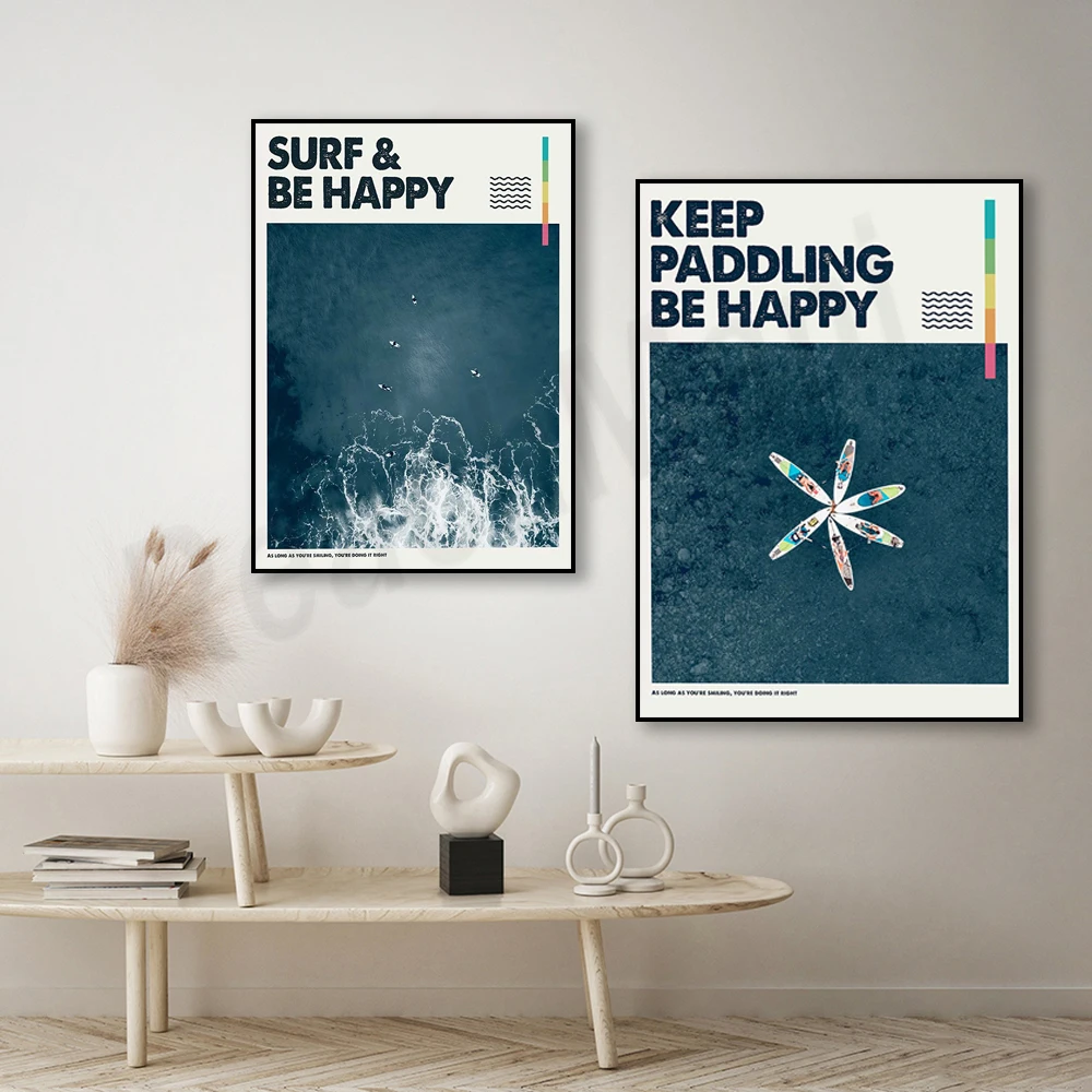 Keep Paddling Happy - Stand Up Paddleboard SUP Paddle Board Art, Surf Poster Art, Surf, Wave, Surfboard, Modern Art Wall Decor