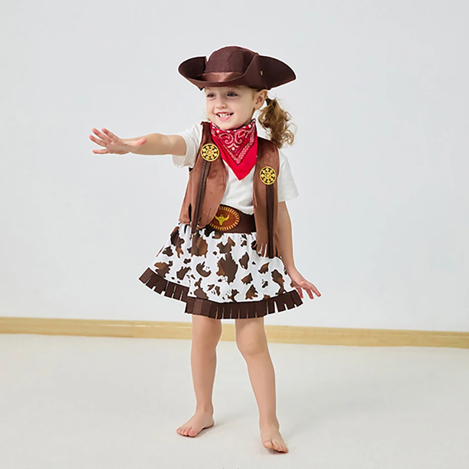

4/5 Pcs Kids Spring Autumn Performance Party Costumes Halloween Cosplay Skirt Sets Girls Cowboy Role Play Skirt Clothes Vest Set