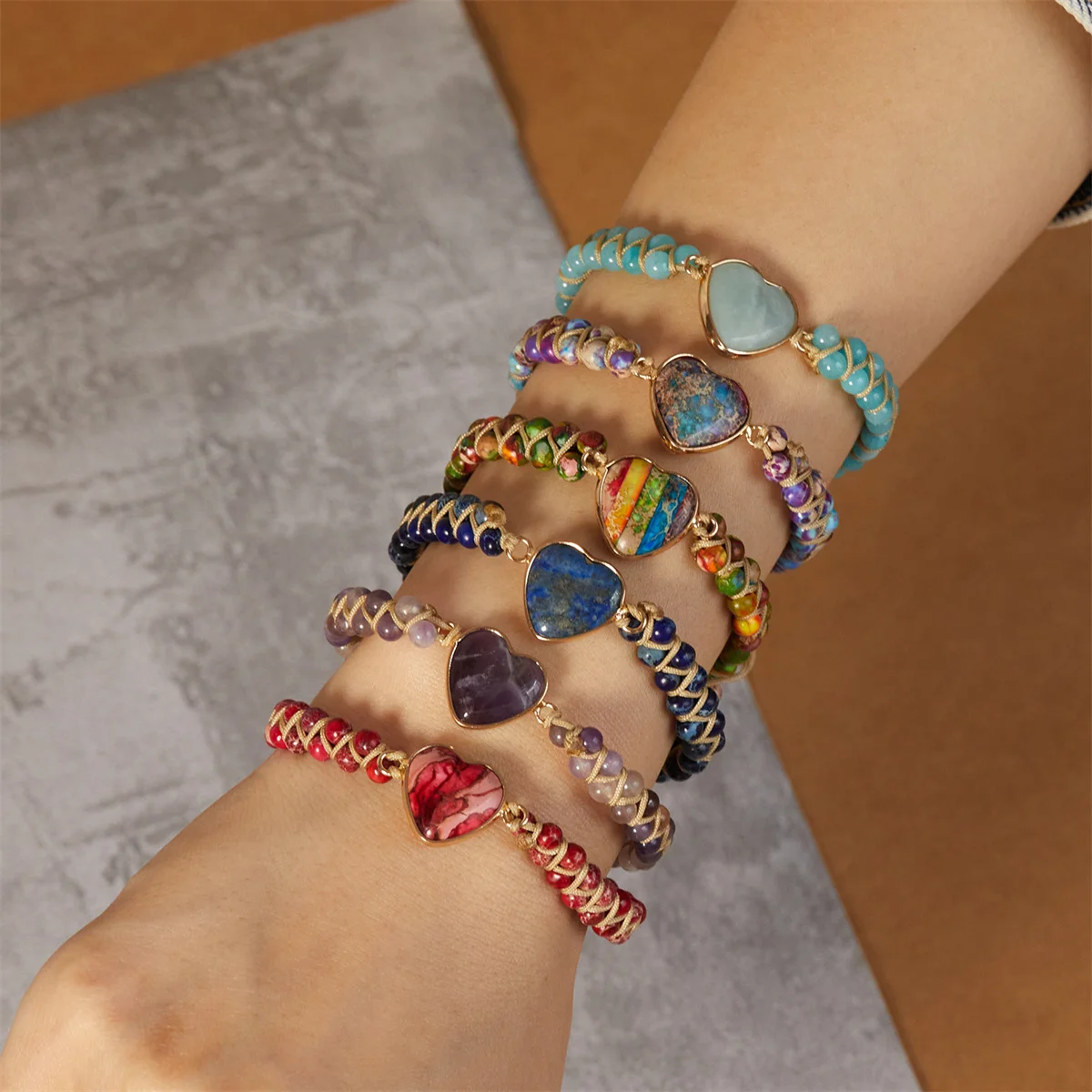 Hand-woven Natural Stone Heart Bracelets For Women Men Double Layer Twist Beads Heart Yoga Bracelet Bangle Friendship Jewelry