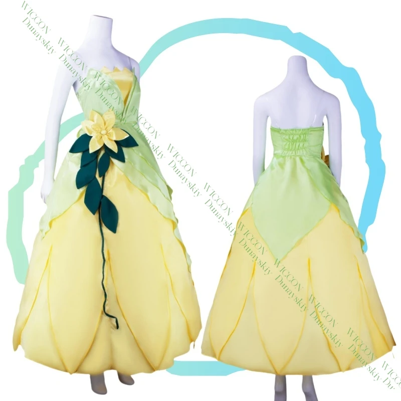 

Movie Cosplay Costume Frog Princess Yellow Green Woman Halloween Carnival Tiana Cosplay Tiana Customized Clothes