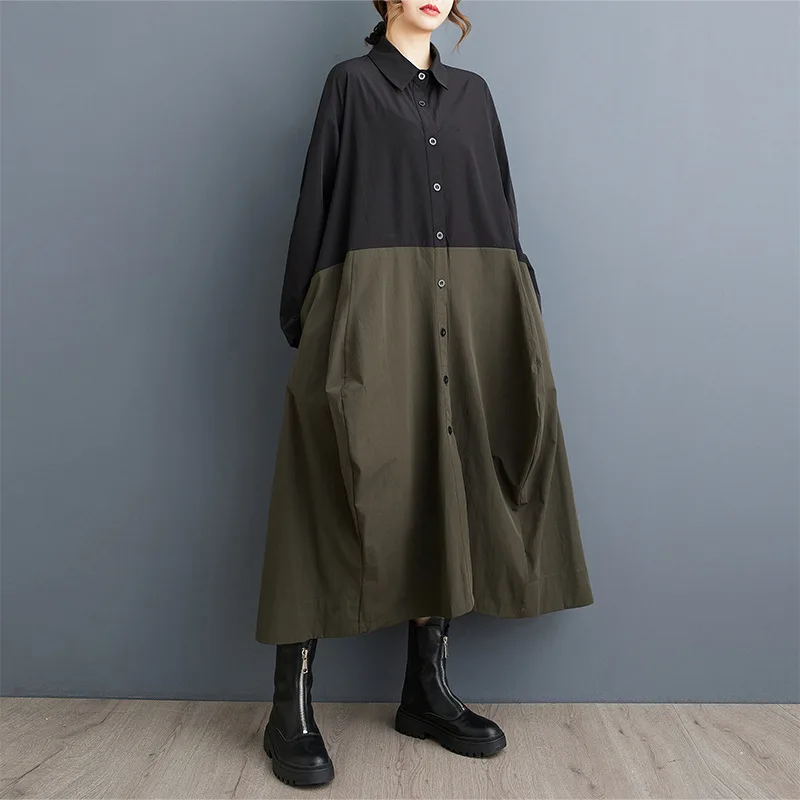 #2621 Spliced Color Asymmetrical Long Shirt Dress Women Loose Single Breasted A-line Midi Dress Ladies Long Sleeve Streetwear