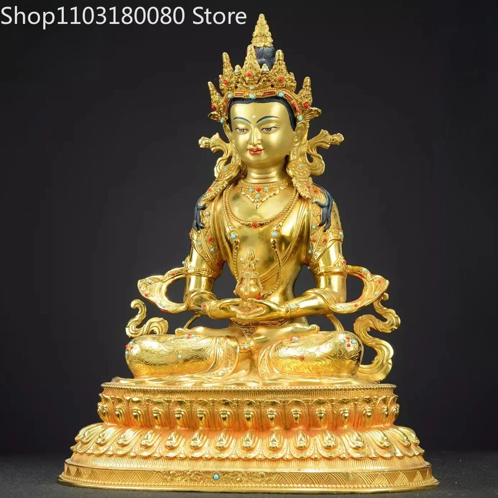 Gilt Brass Amitayus Buddha Statue Tibetan Buddhist Long Life Buddha Sculpture Longevity Deity Home Temple Decor,44cm,30cm