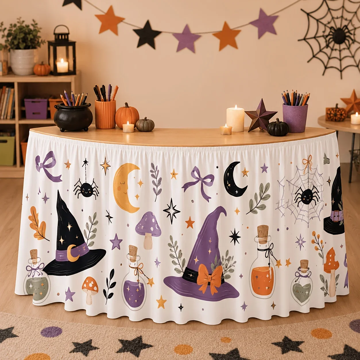 Cute Witch Style Halloween Table Dress with Cream Background - Cute Wizard Halloween Party Decorationxzj