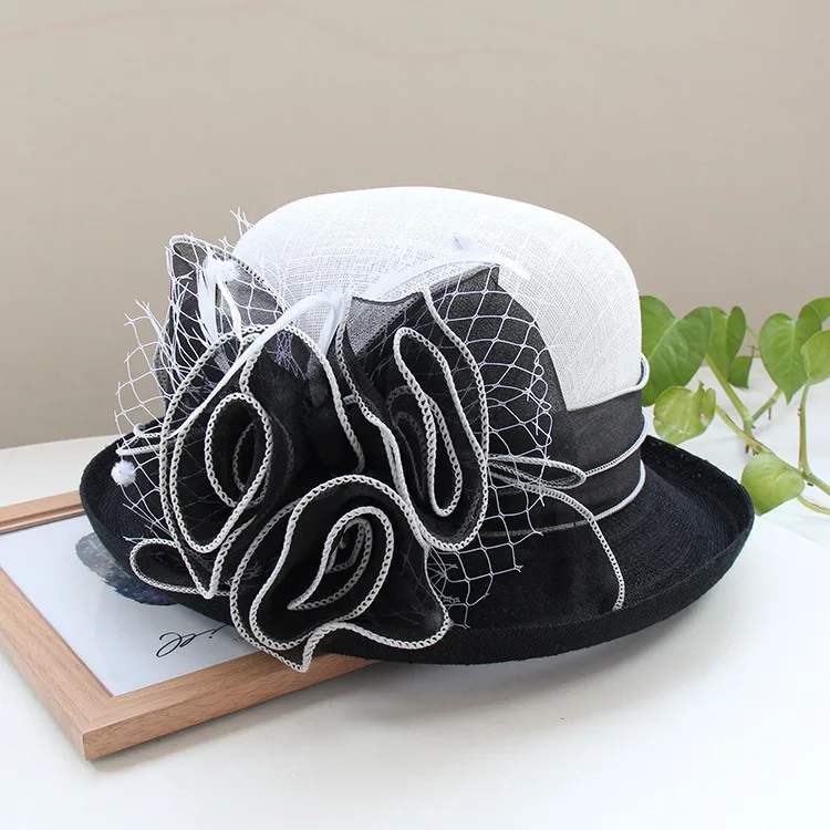 British Lady Deby Race Fedora Hat Summer Church Elegant Sinamay Flower Linen Sun Cap Women Vaction Curl Brimmed Cloche Hats