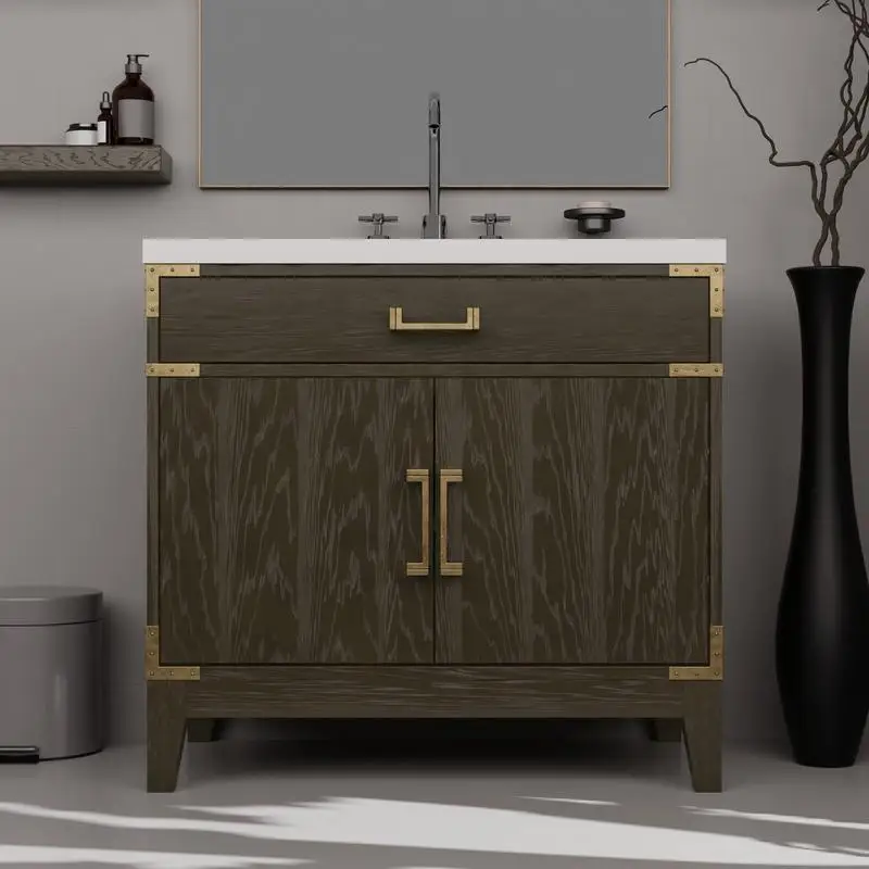 Vanity da bagno singolo in quercia marrone da 36 pollici con piano in marmo coltivato, profondità 22", design moderno per bagni eleganti