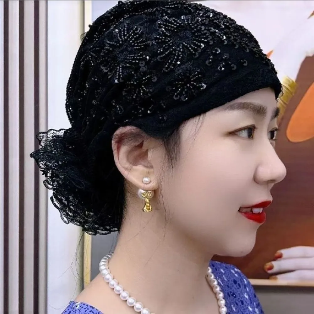 New Flower Embroidery Bonnet Hat Full Cover Cover White Hair Headwear Elastic Breathable Head Wraps Caps Gift