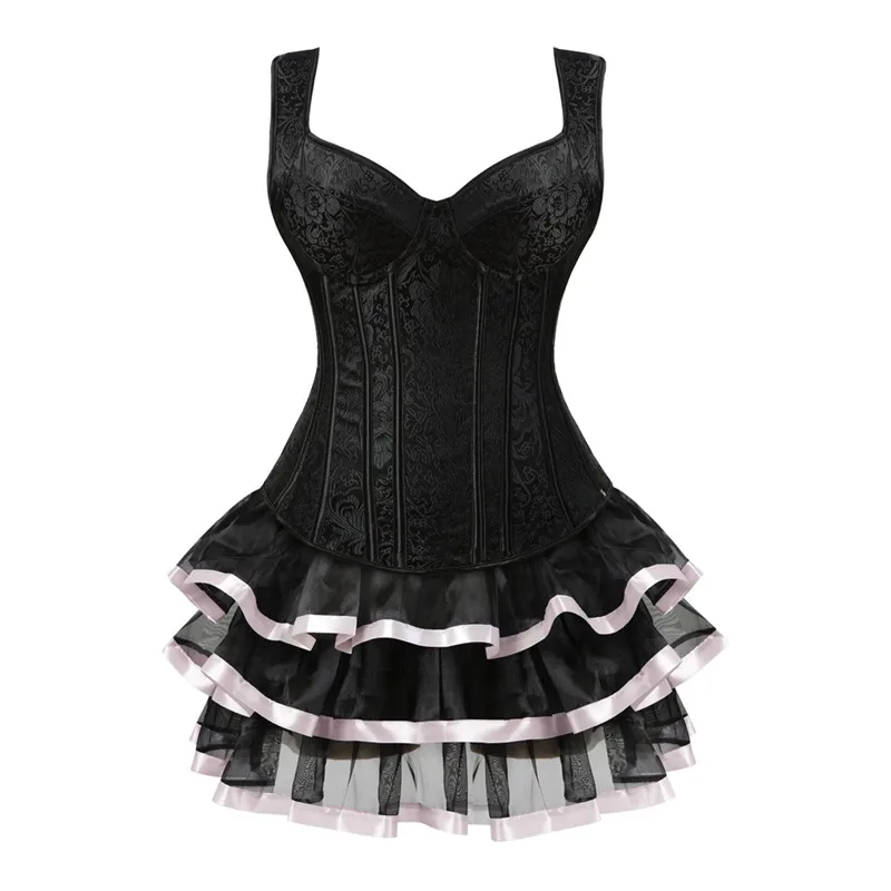 Gothic Sexy Shoulder Strap Corset Bustier Dress Overbust Corsets and Skirt Set Tutu Corselet Women Vintage Burlesque Costume