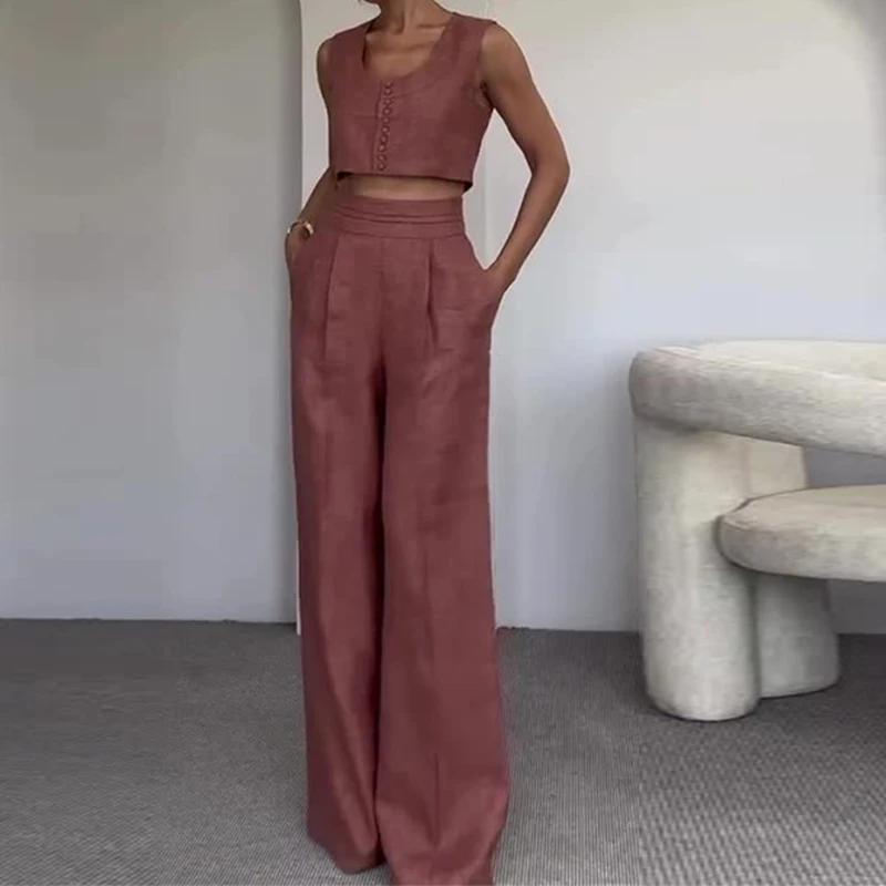 

Women Elegant Sleeveless Loose Outfits 2025 Casaul O-neck Button Vest & Long Pant Suit Fashion Commuter Solid Color 2 Piece Set