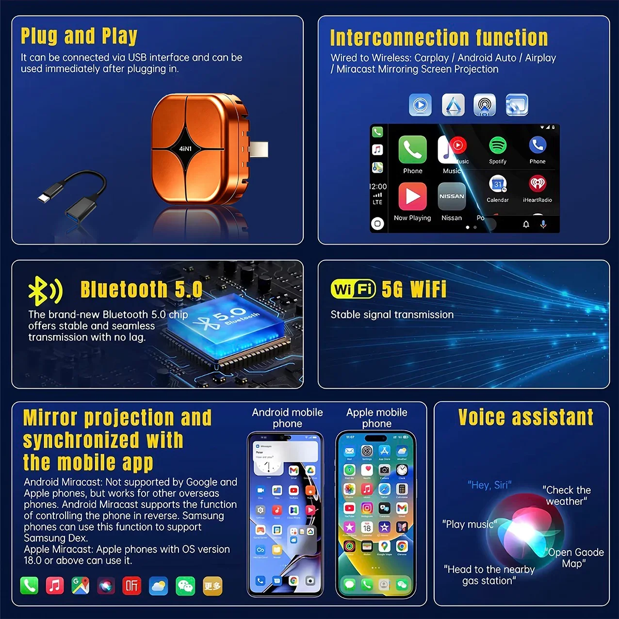 2026 CarRocket 4in1 New Carplay Adapter Wireless Android Auto Mirror Link Smart MiNi AI Box USB Plug and Play Auto Connect WiFi - view 3