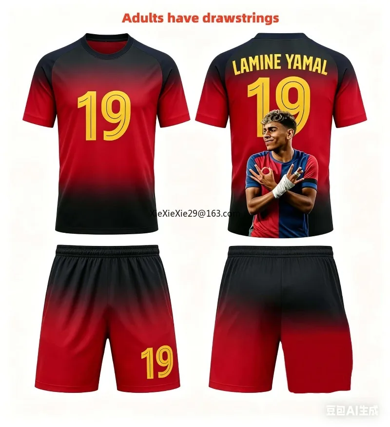 Neue Werbeaktion Mode-KI #   19 Yamal Sommer Kinder- und Erwachsenen-Fußballtrikot, Paar-Freizeit-Sport-T-Shirt und Shorts, Lockeres Set