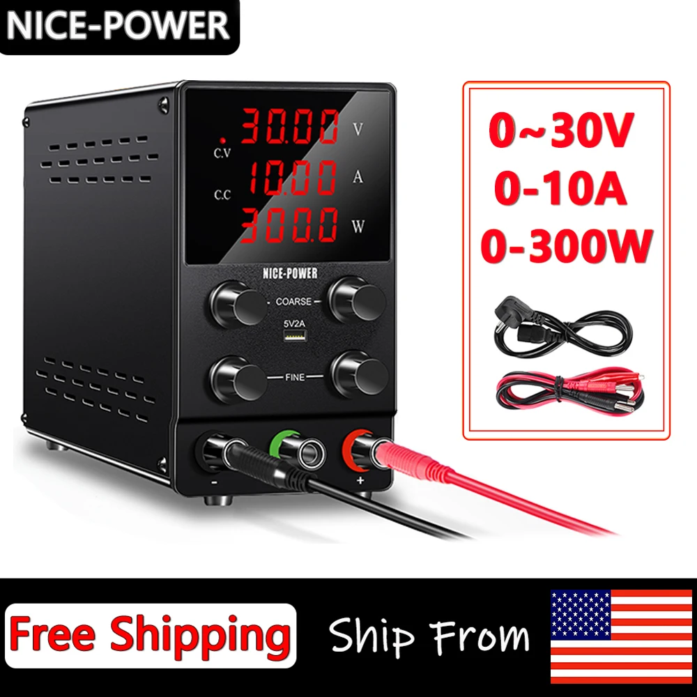 NICE-POWER DC Lab Power Supply 30V 10A Adjustable Bench Regulated High Precision 4-Digits LED Display 5V/2A USB Port Test