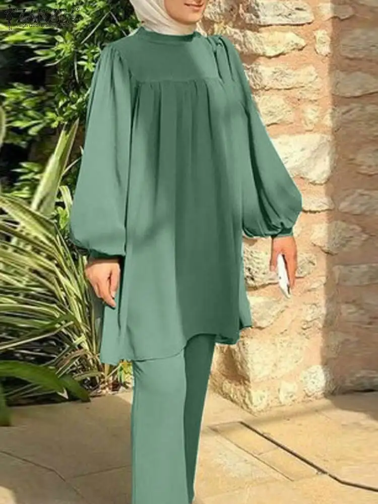 Imagem -02 - Zanzea Peças Muçulmano Feminino Manga Longa Blusa Calças Ternos Eid Mubarek Moda Islâmica Conjuntos de Roupas Dubai Turquia Conjuntos de Correspondência