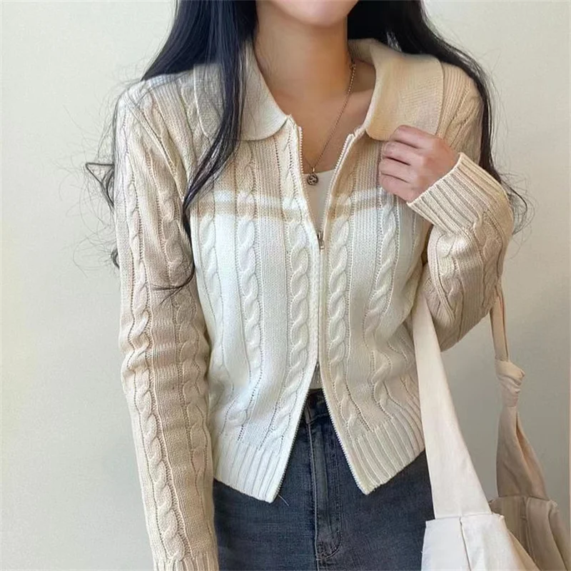 Cropped Cardigan for Women Vintage Skinny Chic Hotsweet Zipper Twist Sweater Coat Streetwear Harajuku Womens Clothing