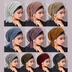 2024 New Trendy Stripe Turban Cap Women Muslim Hijab Islamic Chemo Cap Head Scarf Ladies Head Wrap Cover Hijab Scarf