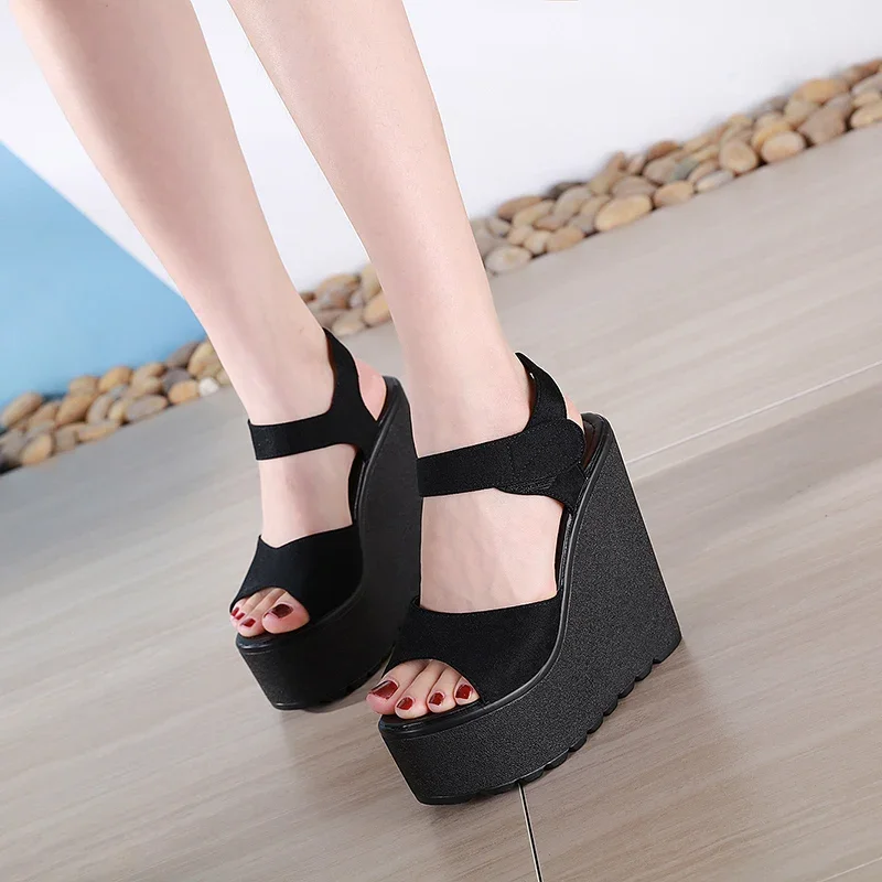 Platform Sandals High Heel Wedge Shoes Woman 2024 New Arrival Summer Black Leather White Peep Toe Ladies Casual Shoes