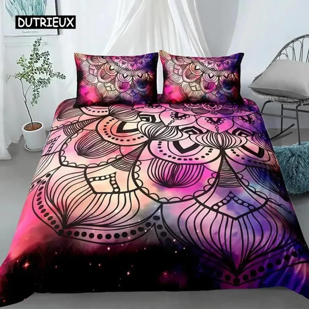 Mandala Duvet Cover Set King Polyester Tie Dye Paisley Quilt Cover Purple Boho Hippie Trippy Floral Exotic Style Bedding Set