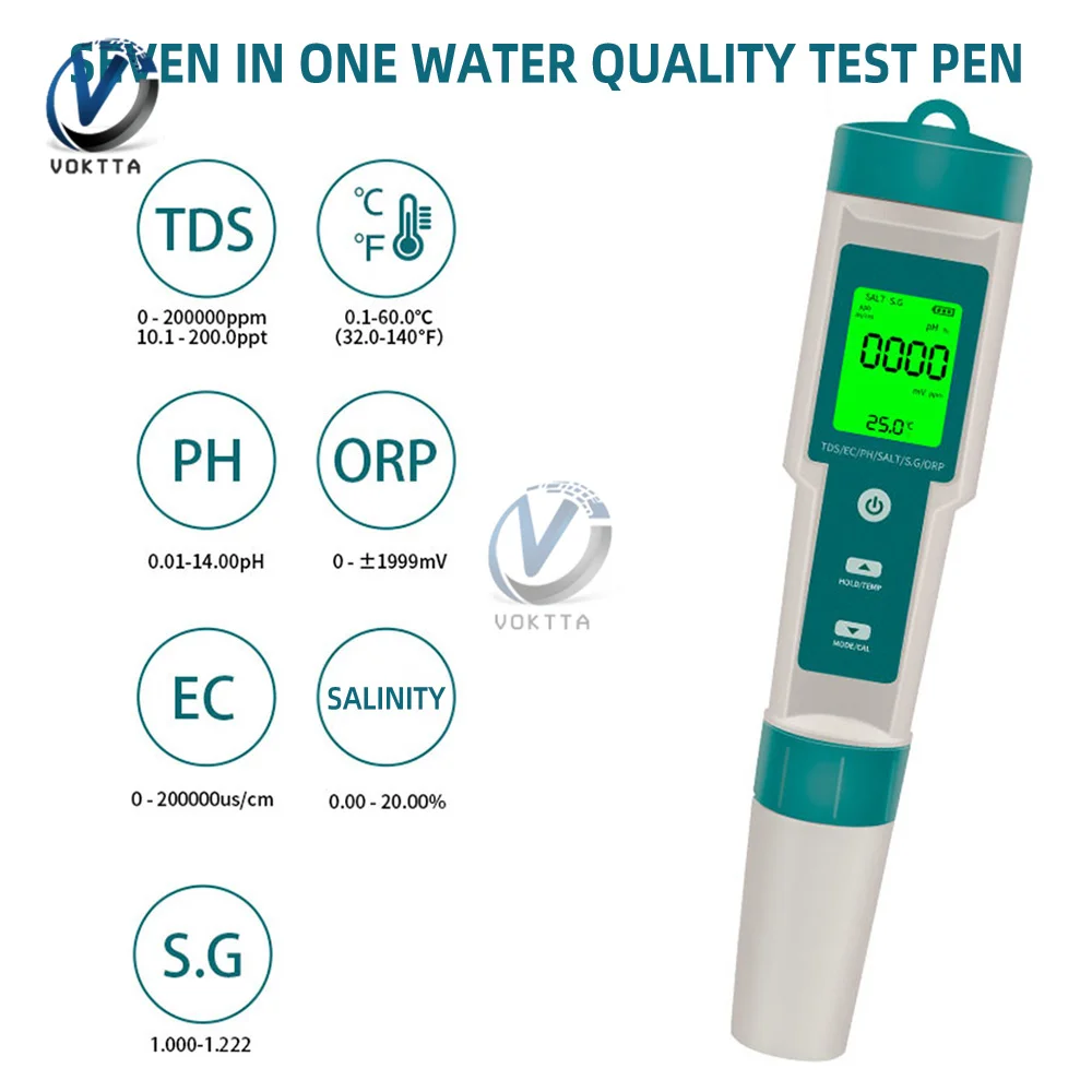 7 in 1 PH/ORP/EC/TEMP/SALT/S.G/TDS LCD Backlight Waterproof IP67 Water Quality Tester Multifunctional Water Quality Test Pen