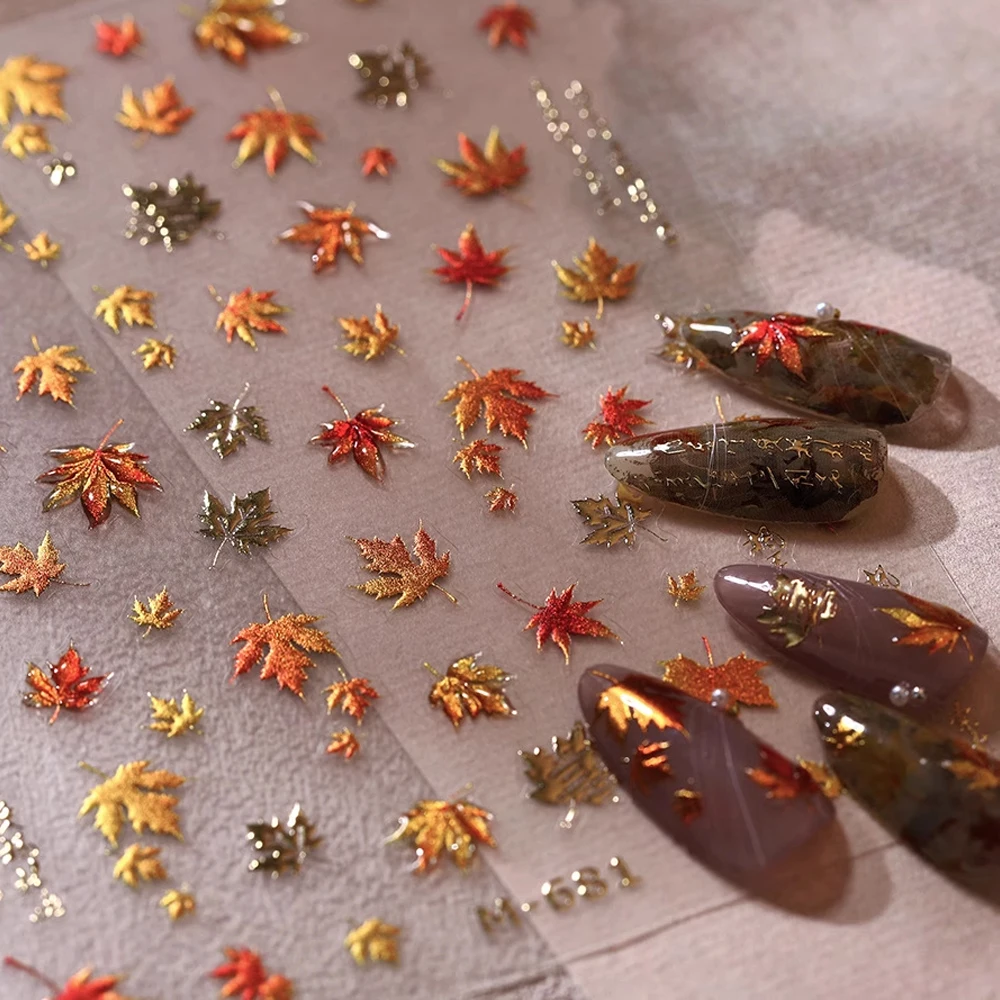 ﻿New 5D Jelly Relief Autumn Maple Leaves Nail Stickers Bronzing Maple Leaf Pumpkin Ginkgo Pattern Nail Decals Charms Y2K Deco﻿﻿
