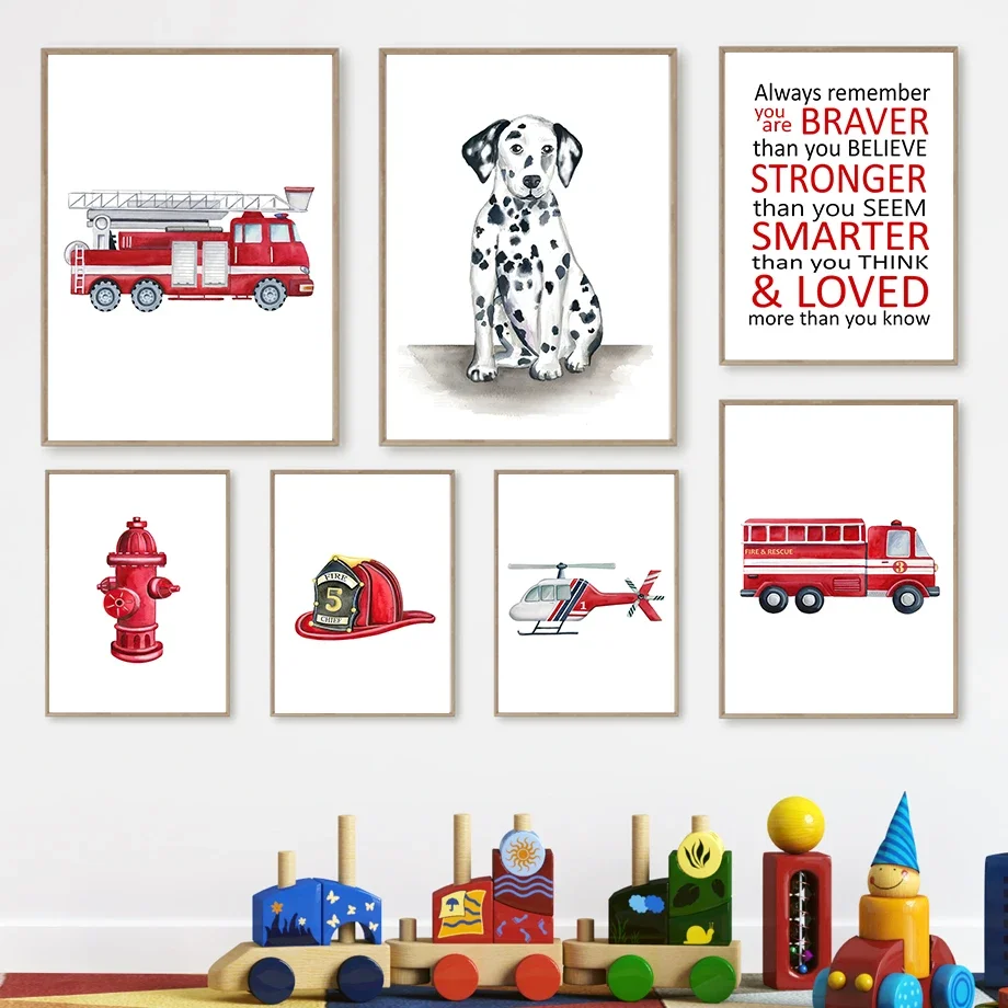 FireTruck Dalmatian Dog Fireman Firedept Wall Art Canvas Painting Nordic Posters And Prints Wall Picture Nursery Kids Room Decor