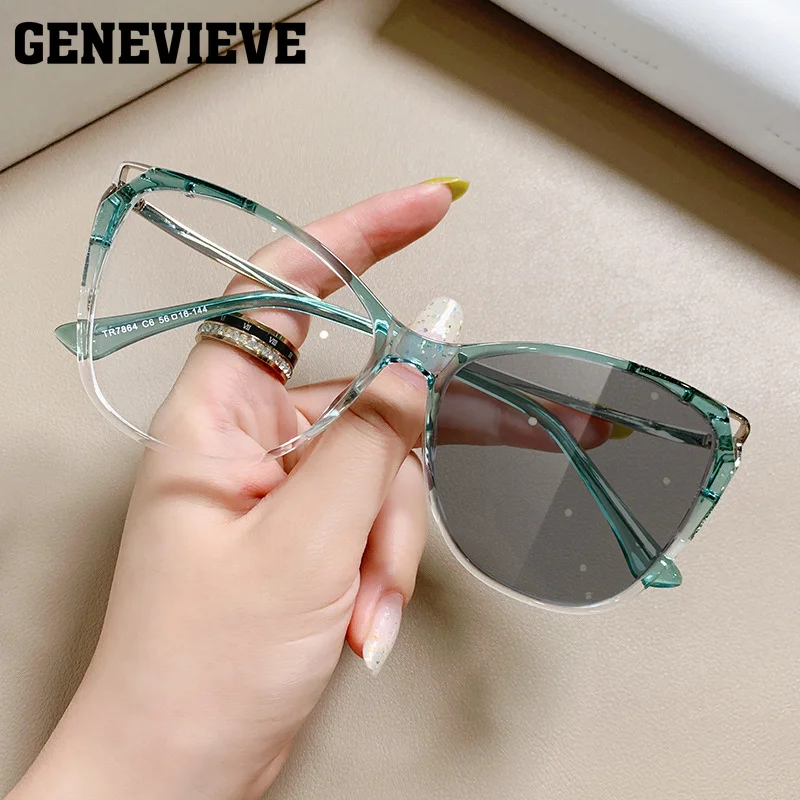 GENEVIEVE Unique Fashionable Cat-Eye Minimalist Women's Photochromic Anti Blue-ray Reading Glasses Customizable Prescription