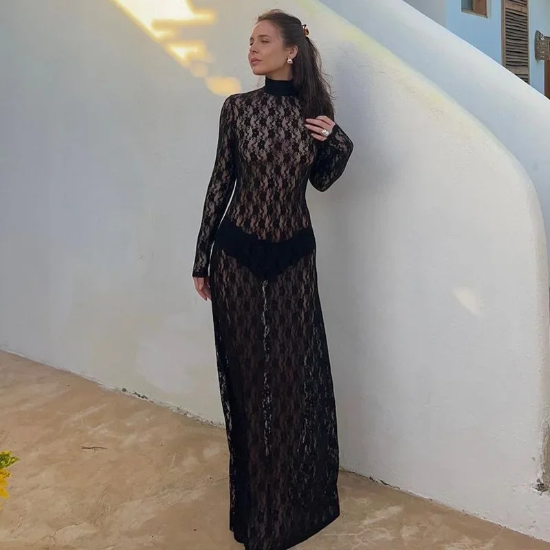 Autumn Sexy Lace See Through Bodycon Maxi Dresses for Women Elegant Turtleneck Long Sleeve Hollow Out Dresses Party Outfits 2023