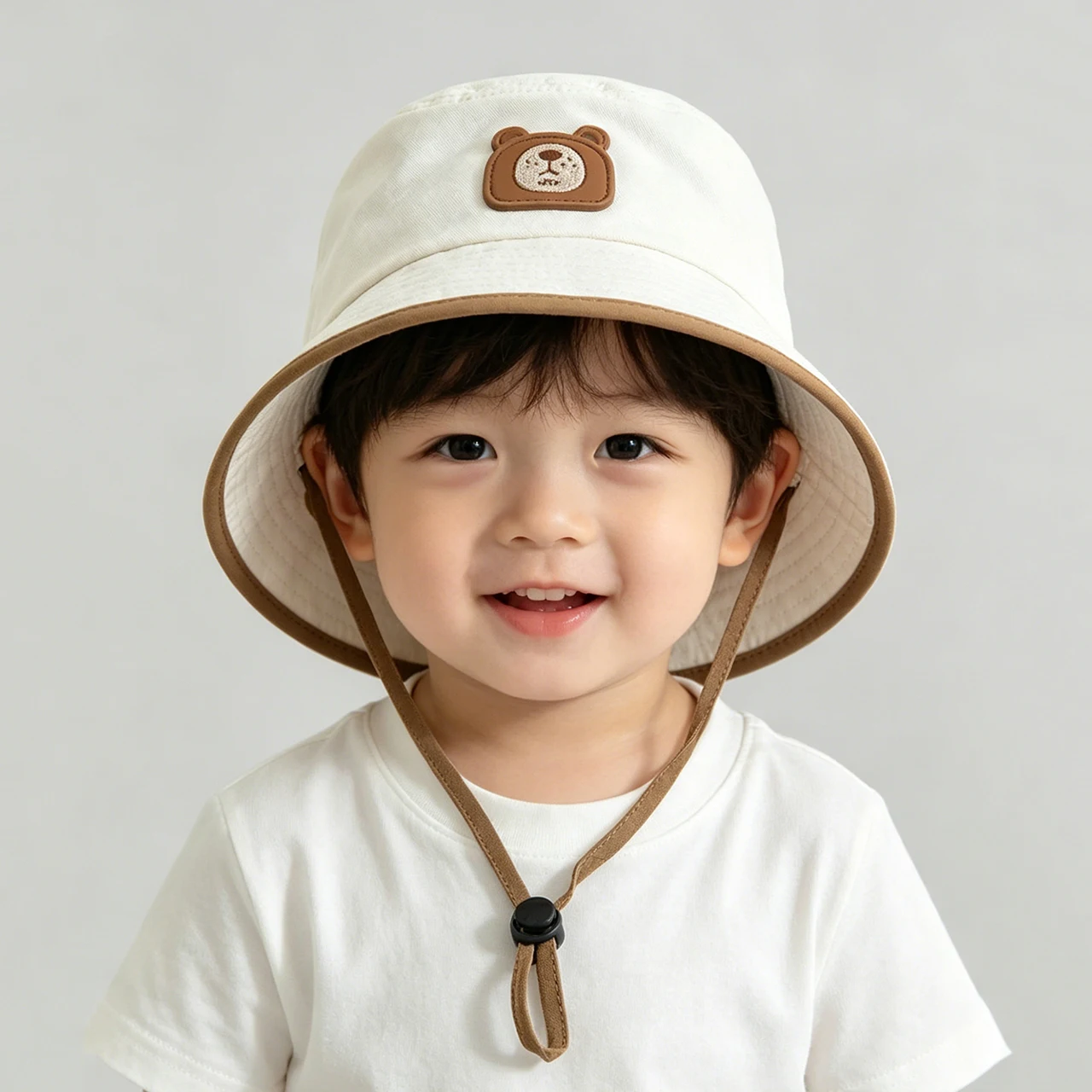 Fotografia 7: Chapéu Infantil Modelo M com Cordão, Boné de Pescador de Algodão Sólido para Crianças de 1 a 4 Anos, Chapéus de Sol para Meninos e Meninas