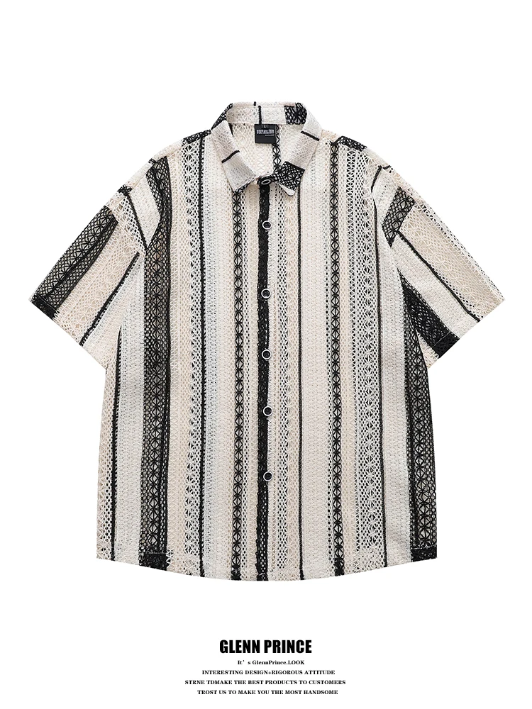 

Мужская летняя тонкая свободная рубашка с коротким рукавом, с вырезами, в цветную полоску, повседневная, модная, из хлопка и полиэстера.