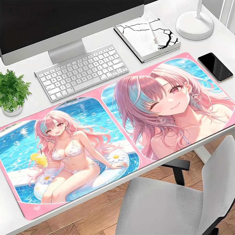 Dusk pool vibe mouse pad twin girls with green highlight hair, natural rubber anti-slip, long dual-use desk mat