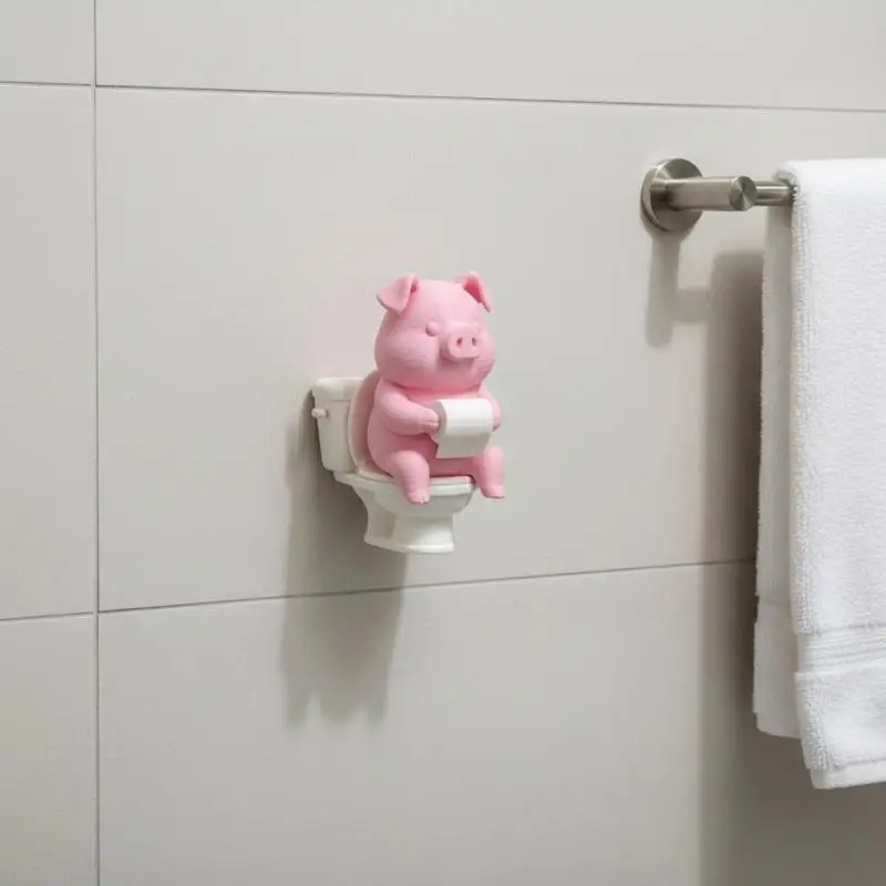 3D Printed Cute Pig Figurine Toilet Sitting Tissue Holding Design Bathroom Decor