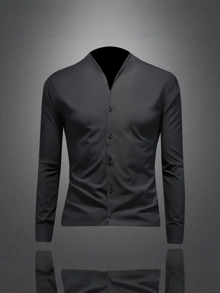 

Мужская рубашка с длинным рукавом и воротником-стойкой, повседневная, без воротника, модная, приталенная, осенняя новинка, из полиэфирного волокна