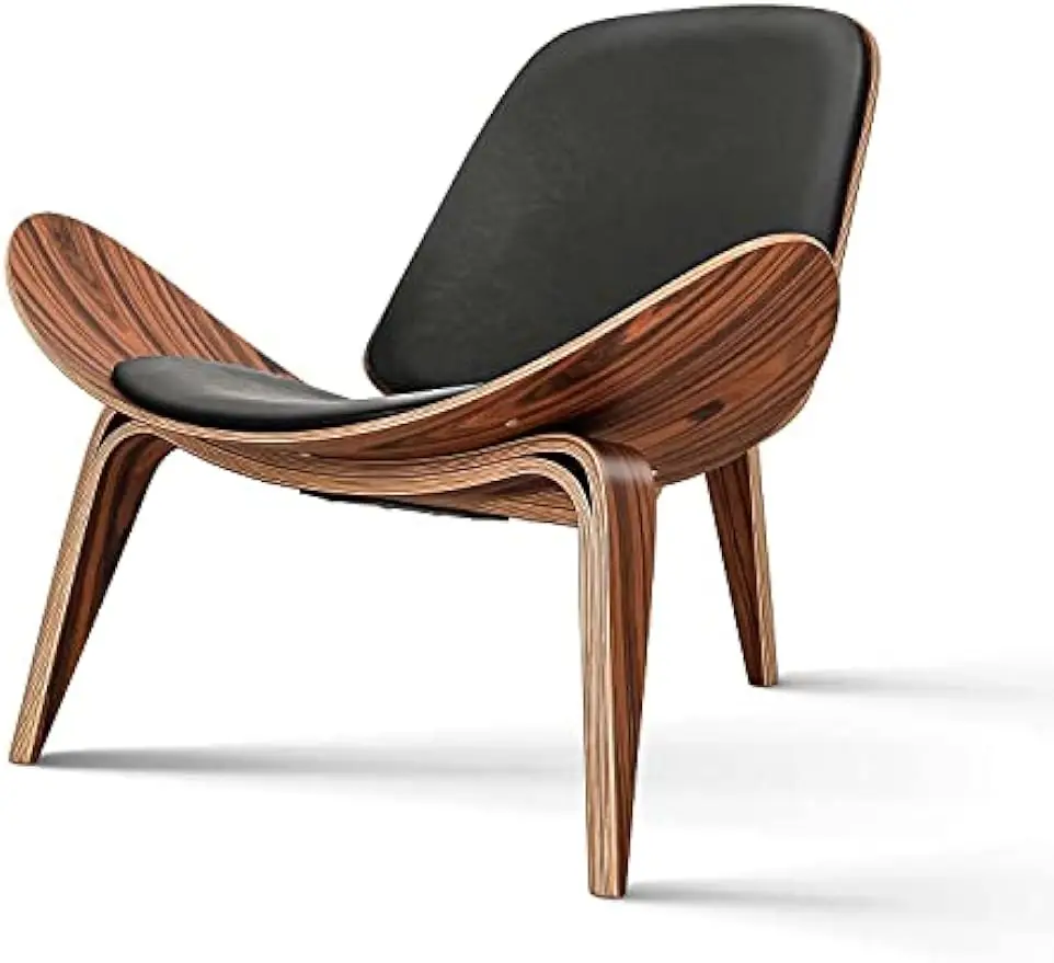 Furgle Mid Century Modern Shell Lounge Chair, PU-Leder, Stativ-Sperrholz, klassisches Design, Massivholz-Akzentstühle für das Wohnzimmer