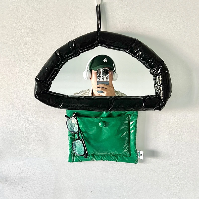 Original patent leather mushroom hanging mirror,wall hanging makeup mirror desig