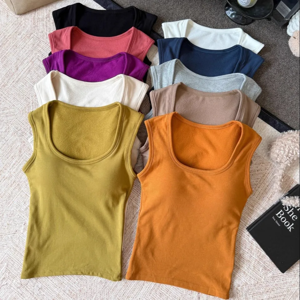 Spring Autumn Pure Color Square Collar Flocking Regular Shoulder Women's Slim Vest Fixed Belt Chest Pad Non-Slip Versatile Top