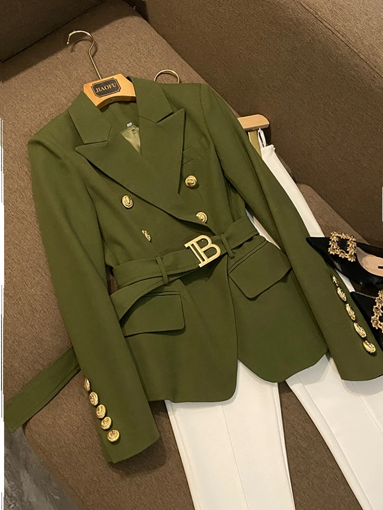 Outono inverno militar een duplo breasted denim com cinto longo sve fino ajuste cor pura terno jaet feminino commute sle