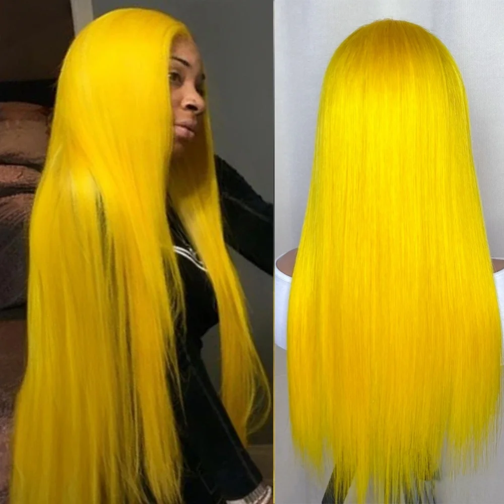

40-дюймовые желтые длинные прямые синтетические парики с кружевной передней частью, предварительно выщипанной натуральной линией волос, без клея, для модных женщин и косплея